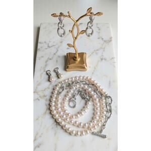 Judith Ripka 925 Sterling Silver Pearl Necklace Interchangeable Earring Set Lot